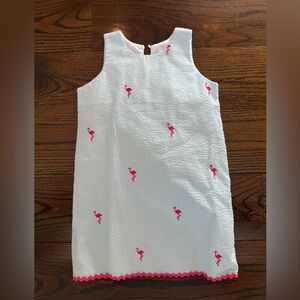 Piping Prints Girls White Seersucker Dress with Pink Flamingo - NWOT
